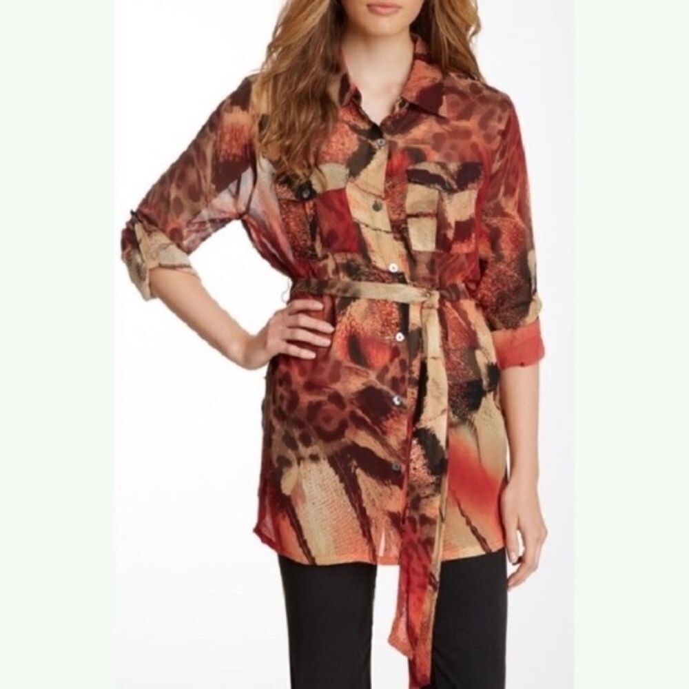 Da Nang Silk Animal Print Belted Tunic Top Sz S